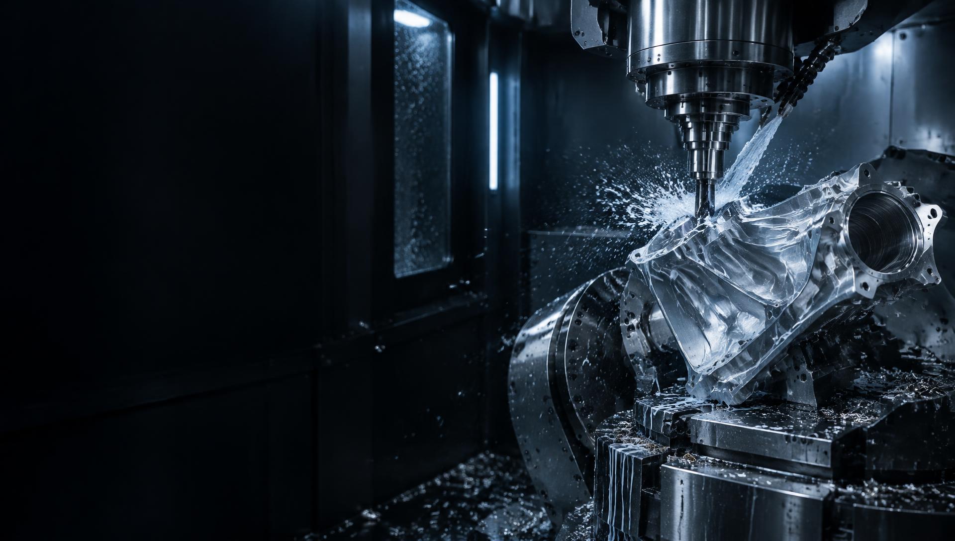 Five-axis CNC machine cutting a precision component